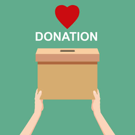 Hand hold Donation Box with hed heart, money. Depositing in a paper container with text banner donation. Vector illustrationのイラスト素材