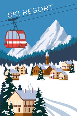 Mountain vintage winter resort village Alps, Switzerland. Snow landscape peaks, slopes with red gondola lift. Travel retro poster, vector illustrationのイラスト素材