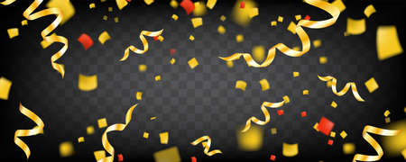 Gold confetti on black background. Foil golden particles. Vector template party holiday poster bannerのイラスト素材
