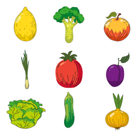 Set of fruits and vegetables illustrations. Hand drawing colorful doodles icon, organic farm product. Vector sketch illustration vintage, retro engraving styleのイラスト素材