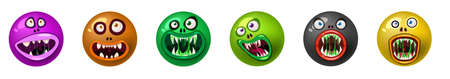 Set od Monster face cartoon round icons head Halloween characters. Illustration, sticker, emblem funny cute mask, vectorのイラスト素材