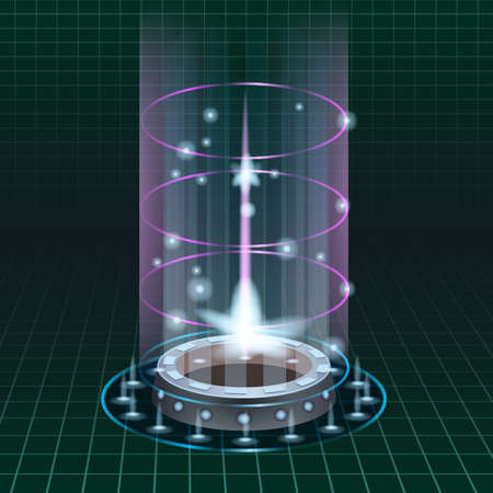 Teleport futuristic portal circle science, sky-fi digital, tunnel with light rays and glows, podium, projector. HUD menu user interface. Vector illustration, black green backgroundのイラスト素材