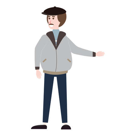 Manwith mustache winter cold weather clothes, hat warm coat, boots. Cartoon flat styleのイラスト素材