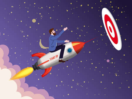 Businessman on a rocket fly through sky to target. Start up, goal achievement metaphors. Space stars background. Vector illustrationのイラスト素材