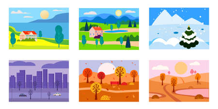 Collection of seasons landscapes winter, spring, summer, autumn. Rural, mountaines, field, city, sea, snow, hot, rain, night. Vector minimalistic flat illustrationのイラスト素材