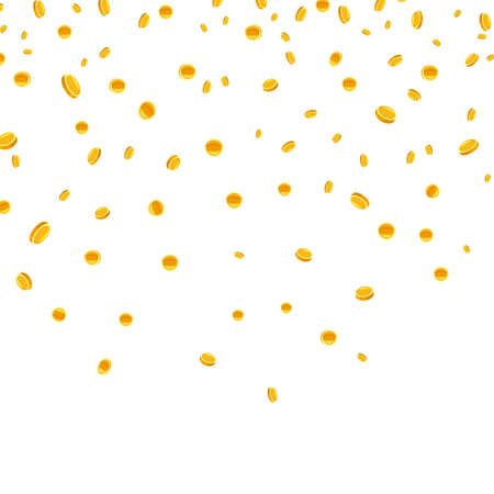 Falling gold coins, money rain. Flying money earnings luck, fortune in lottery. Vector white backgroundのイラスト素材
