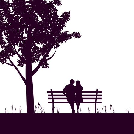 Couple lovers on bench in park, under tree. Vector illustration silhouetteのイラスト素材