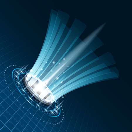 Teleport futuristic portal circle science, sky-fi digital, tunnel with light rays and glows, podium, projector. HUD menu user interface. Vector illustration, black blue backgroundのイラスト素材