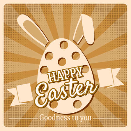 Happy Easter vintage poster greeting card, egg, rabbit ears, text. Retro illustration template background vectorのイラスト素材