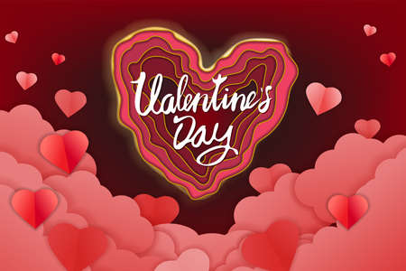 Valentine day papercut craft design banner, red pink hearts and clouds. Template background for greeting card, invitation, vectorのイラスト素材