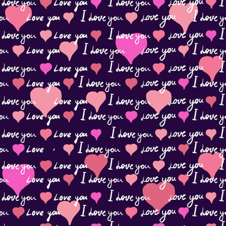 Text I love you, hand written words, pink hearts. Seamless pattern, sketch, doodle, lettering, happy...