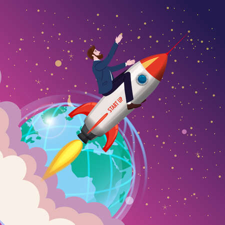 Businessman on a rocket fly through sky. Start up, goal achievement metaphors. Space stars, Earth background. Vector illustrationのイラスト素材