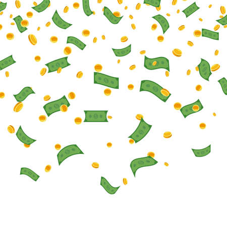 Falling paper banknotes, gold coins, dollar money rain. Flying money earnings luck, fortune in lottery. Vector white backgroundのイラスト素材