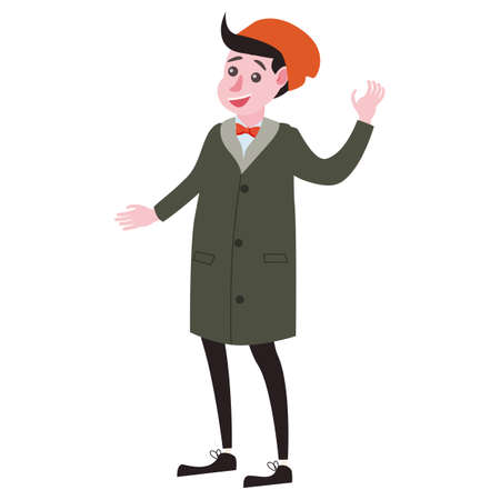 Young Man winter cold weather clothes, cap, warm coat, boots. Cartoon flat styleのイラスト素材