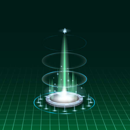 Futuristic portal sky-fi digital, circle science teleport tunnel with light rays and glows, podium, projector. Vector illustration, black green backgroundのイラスト素材
