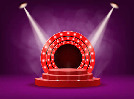 Stage podium with rays of spotlights for Award ceremony Winner with smoke. Red platform concept. Vector illustrationのイラスト素材