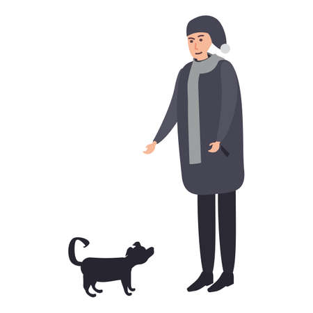 Manwith with dog, winter cold weather clothes, hat, warm coat, boots. Cartoon flat styleのイラスト素材