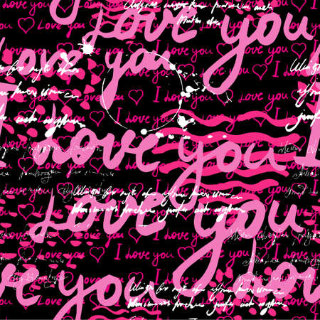 Seamless pattern, text I love you, hand written words, pink hearts. Sketch, doodle, lettering, happy valentines day. Vector illustration black backgroundのイラスト素材