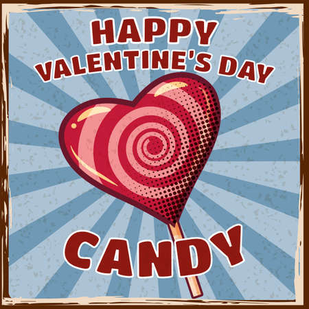 Happy Valentine Day Retro Candy Lollipop on stick poster. Love Candy Vintage design. Vector illustrationのイラスト素材