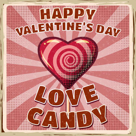 Retro Candy Lollipop on stick poster. Love Candy Vintage Valentine Day design. Vector illustrationのイラスト素材