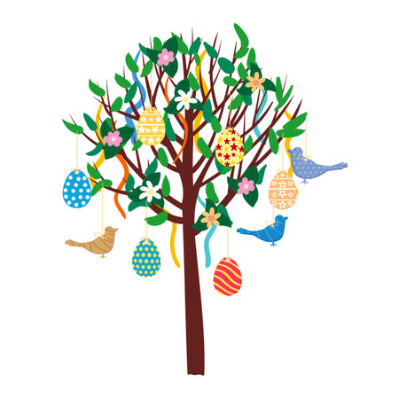 Easter Tree decorated colored eggs, birds, ribbons. Vector illstrationのイラスト素材