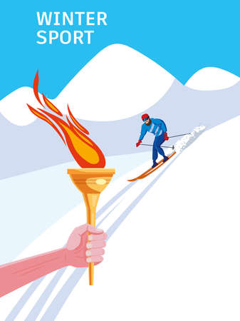 Skiers man riding on skis on snow downhill. Winter sport games, competiotion. Hand hold torch symbol sport games. Vector illustration isolatedのイラスト素材