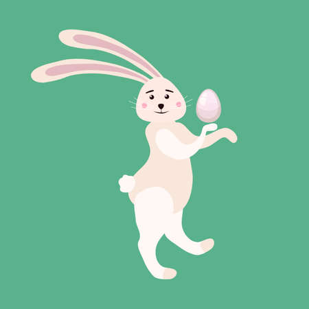 Cute Bunny Easter holding egg. Cartoon funny Easter Rabbit, illustrationのイラスト素材