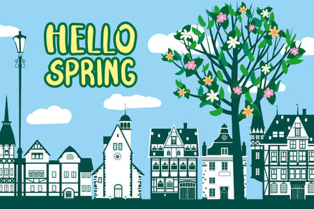 Hello Spring in the Europe city architecture, with tree blossoms. Vector illustrationのイラスト素材