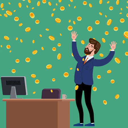 Happy businessman in office falling money coins rain. Success finance business, falling cash. Vector illustrationのイラスト素材