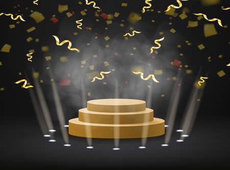 Podium stage with rays of spotlights for Award ceremony Winner with smoke, confetti. Gold platform concept. Vector illustrationの写真素材