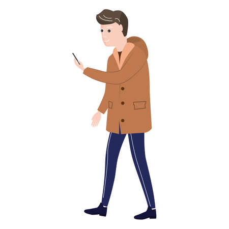 Young Man winter cold weather clothes, with smartphone, cap, warm coat, boots. Cartoon flat styleのイラスト素材