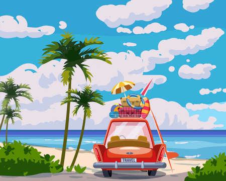 Vacation red car with luggage bags, surfboard on the beach. Tropical seachore, palms, sea, ocean, back view. Vector illustration retro cartoonのイラスト素材