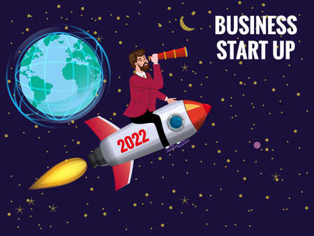 Start up, goal achievement metaphors. Businessman flying on a rocket through sky, 2022 year. Space stars, Earth background. Vector illustrationのイラスト素材