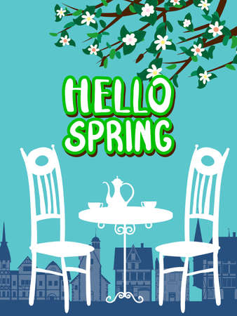 Hello Spring in the Europe city architecture, with tree blossoms. Street cafe, chairs, table, coffee pot. Vector illustrationのイラスト素材