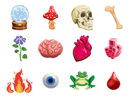 Witchcraft set magic object scull, heart, crystal, ball, eye, clover, mushroom, brain, frog. Vector illustration cartoon styleのイラスト素材