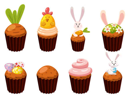 Set of Easter sweets cupcakes, eggs, bird, bunny, candies, cake. Collection sweet foodのイラスト素材