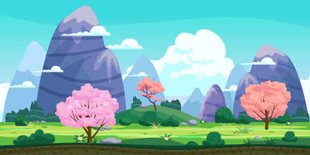 Fantasy landscape, green hills, blooming trees, spring, mountains, panorama. Vector cartoon background illustrationのイラスト素材