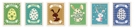 Collection of Easter postal stamps, bunnies, eggs, retro graphic. Vintage vectorのイラスト素材