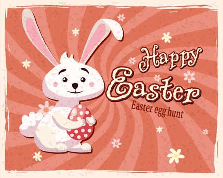 Happy Easter banner retro. Greeting card with rabbit, bunny, egg. Vector illustration vintageのイラスト素材