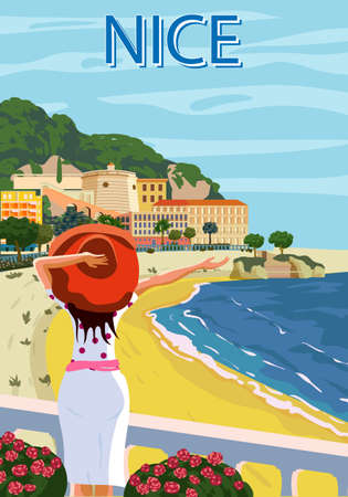 Nice French Riviera coast poster vintage. Woman on vacation, resort, coast, sea, beach. Retro style illustration vectorのイラスト素材