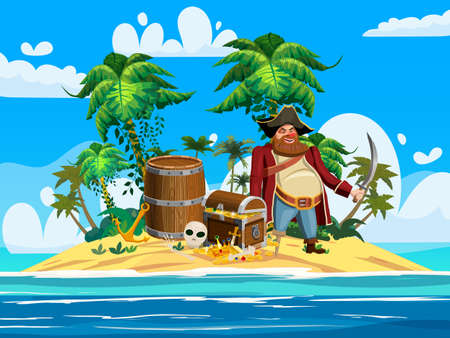 Treasure tropical Island, one-legged pirate, ancient pirate treasure chest, barrel, scull, exotic plants, palms, sea, ocean, clouds. Sea landscape coast, beach, sand adventure game Vector illustration cartoon styleのイラスト素材