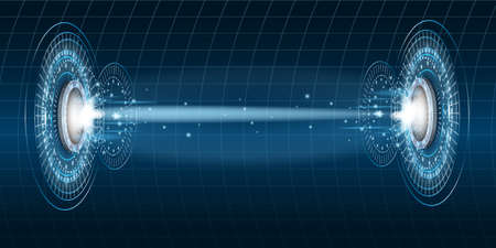 Teleport futuristic portal circle science, sky-fi digital, tunnel with light rays and glows, podium, projector. HUD menu user interface. Vector illustration, black blue backgroundのイラスト素材