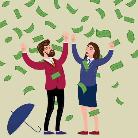 Happy businessman and businesswoman falling money rain, umbrella. Success finance business, falling cash. Vector illustrationのイラスト素材