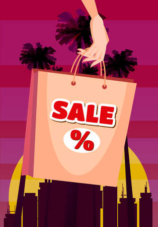 Super sale, woman s hand holding a bag, discounts, background sunset, palms. Shopping for a sale. Vector illustration, retro, vintageのイラスト素材