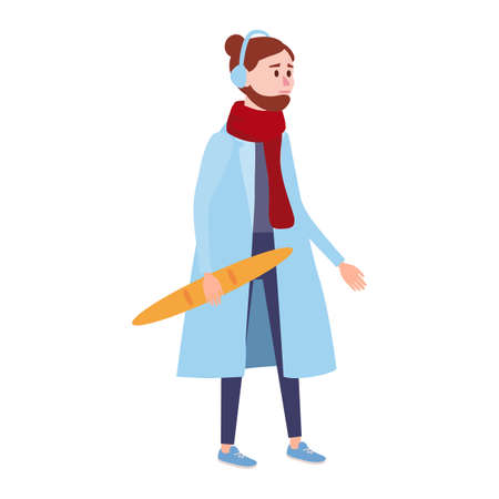 Young Man with baguette, winter cold weather clothes, hat warm coat, scarf, boots. Cartoon flat styleのイラスト素材