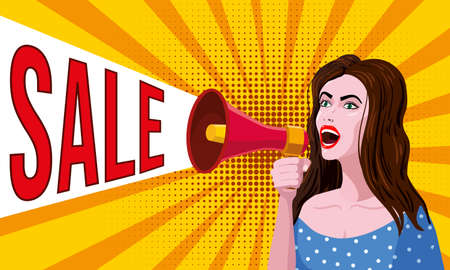 Promotion, advance, Sale, Woman shouting in megaphon, loudspeaker. Female cartoon character announcing for advertising, markering information, discount or sale. Vector business communication illustration cartoon pop art styleのイラスト素材