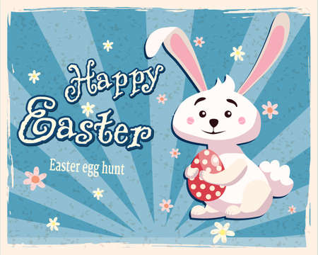 Happy Easter banner retro. Greeting card with rabbit, bunny, egg. Vector illustration vintageのイラスト素材