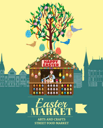 Easter Market poster, Holiday City Spring Fair. Easter Tree wooden stall decorated flowers, colored Easter eggs, bunny, baking. Europe architecture background. Vector illustrationのイラスト素材