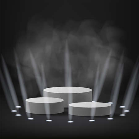Podium stage with rays of spotlights for Award ceremony Winner with smoke. White platform concept. Vector illustrationのイラスト素材
