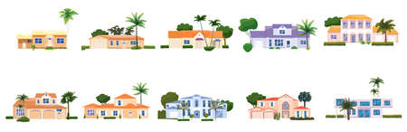 Set Residential Home Buildings, tropic trees, palms. House exterior facades front view architecture family cottages houses or mansions apartments, villa. Suburban propertyのイラスト素材